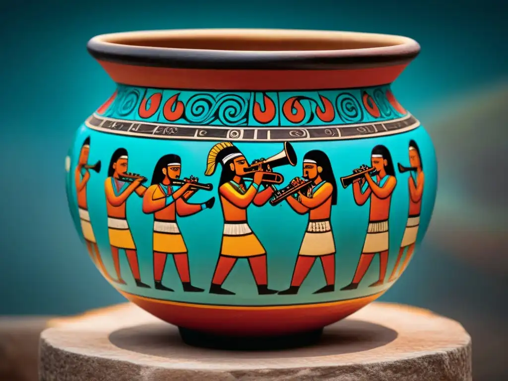 Vaso maya con músicos y instrumentos de viento en detalle