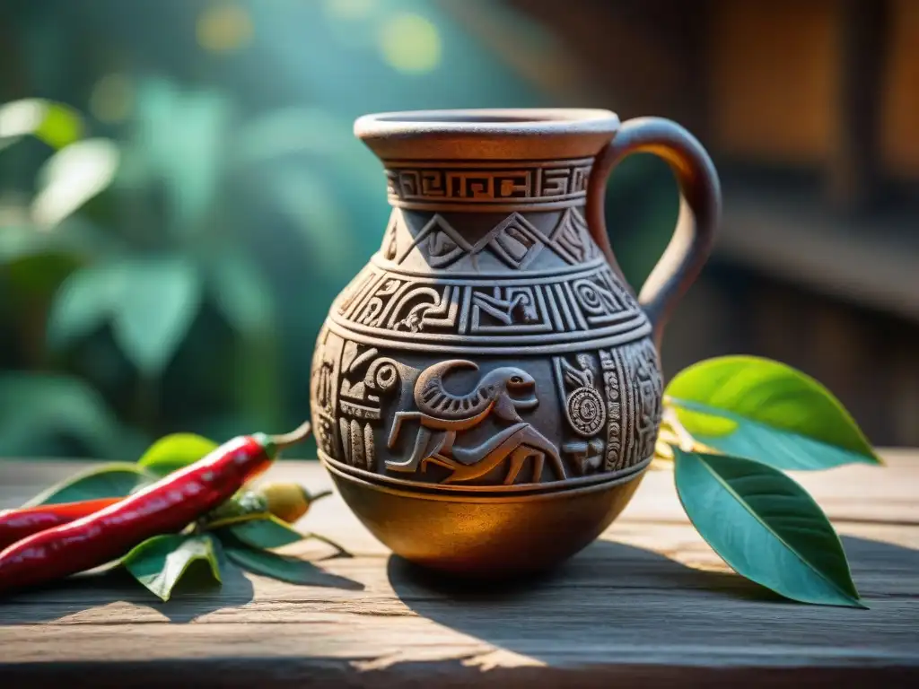 Vaso maya tallado con jeroglíficos y bebida de chocolate, rodeado de hojas verdes y chiles secos en mesa de madera