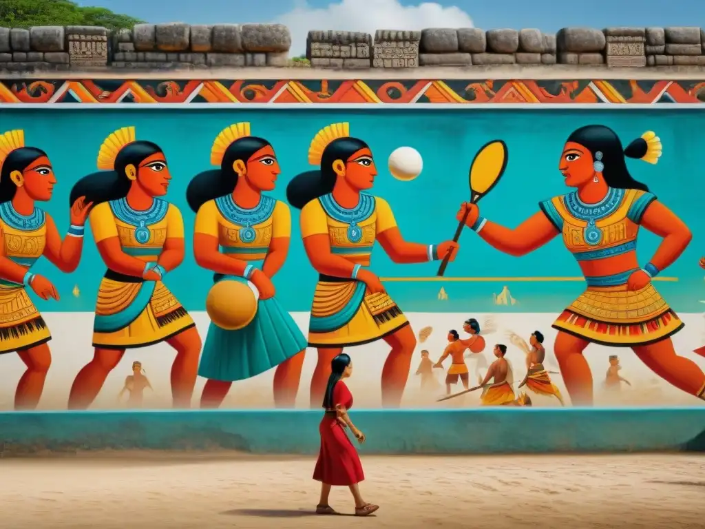 Descubre la verdad detrás del Juego de Pelota maya en este detallado mural de un emocionante partido en la antigua cancha