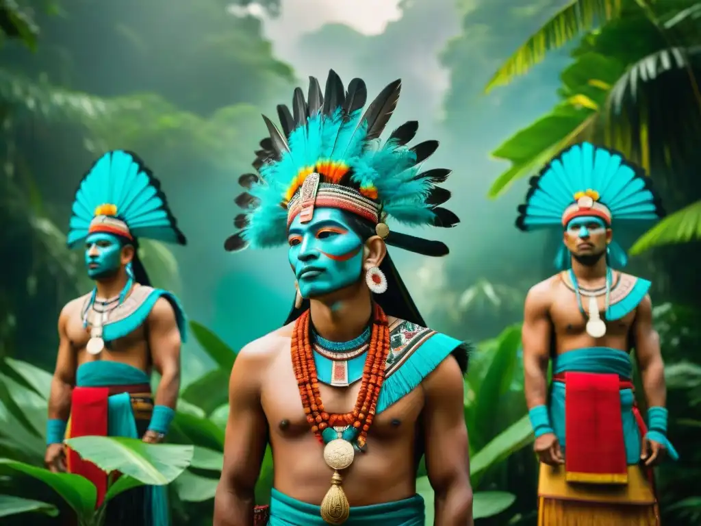 Vestimenta ceremonial Maya en la selva, mostrando ricos colores y conexiones con la geografía