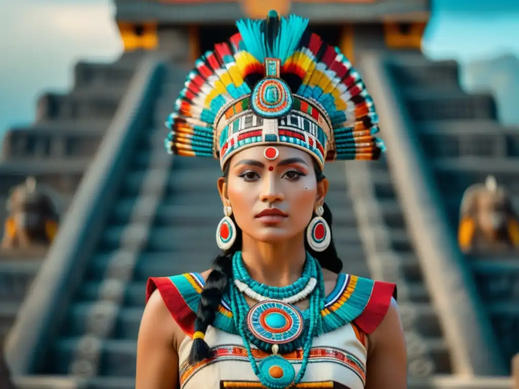 Vestimenta femenina en ceremonias mayas: Detalle de una mujer maya con atuendo ceremonial colorido y joyas, frente a un templo maya