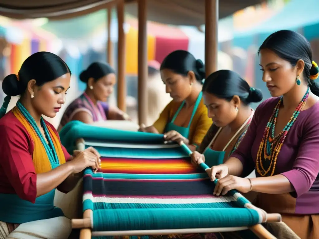 Vestimenta maya en la actualidad: Artesanos tejiendo textiles tradicionales con telares de cintura en un mercado vibrante