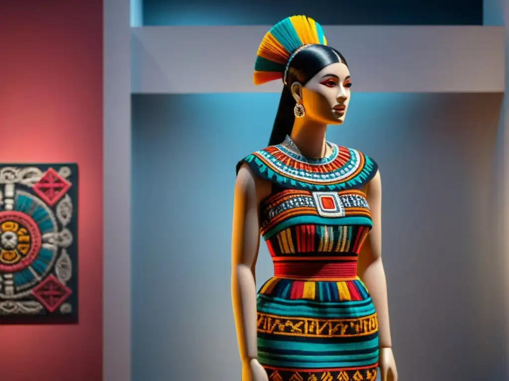 Una vestimenta maya detallada y colorida en un maniquí, refleja el indicador de estatus social maya en un museo