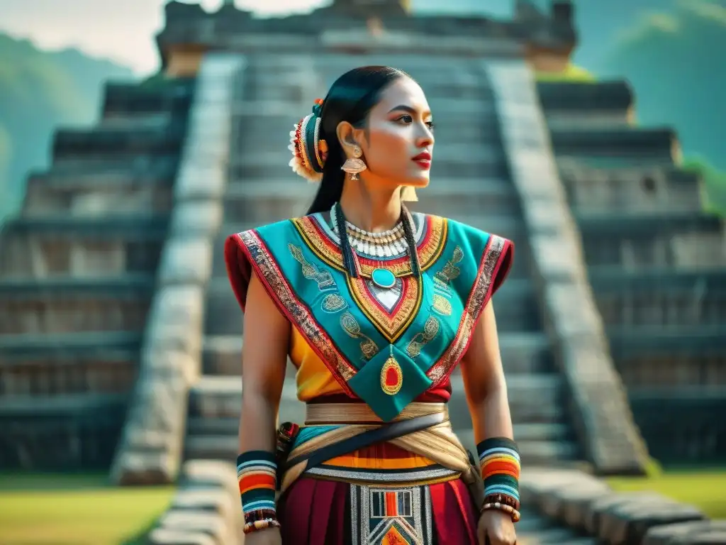 Vestimenta maya tradicional: detallado tejido con colores vibrantes y patrones intrincados, en ruinas mayas