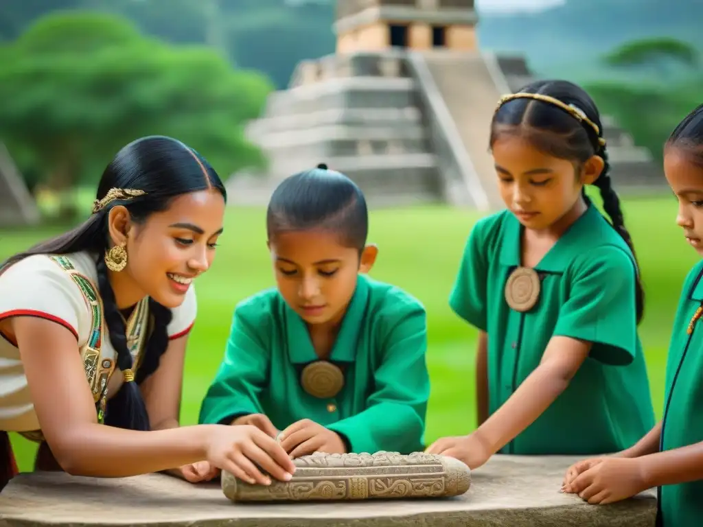 Un viaje educativo y emocionante para preservar la herencia cultural con réplicas mayas, niños curiosos en sitio Maya