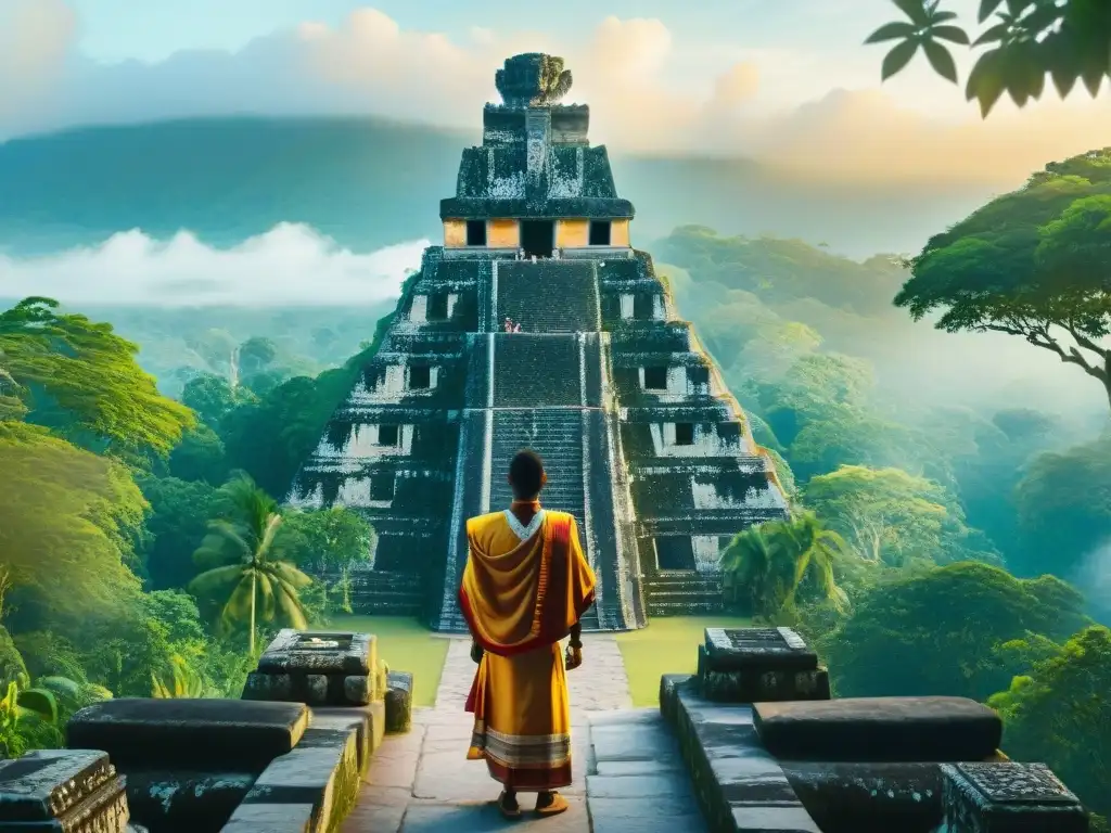 Viajeros en vestimenta maya realizan ritual espiritual al amanecer en Tikal