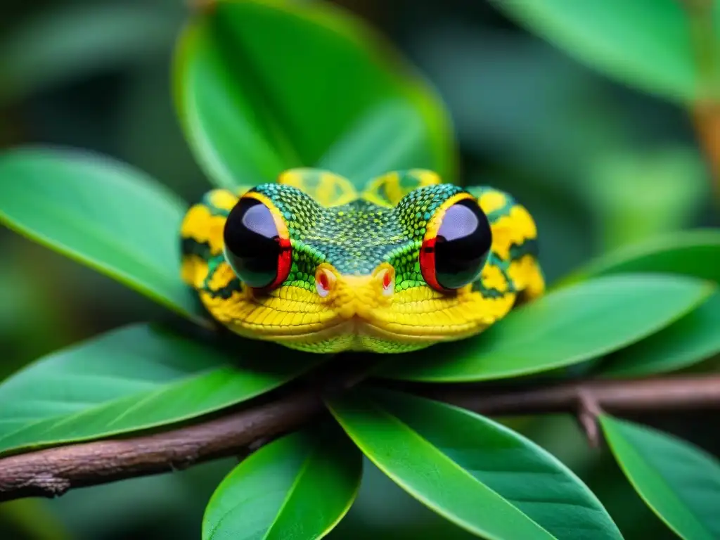 Víbora de pestañas verde y dorada en la selva, destacando sus escamas, ojos amarillos y lengua