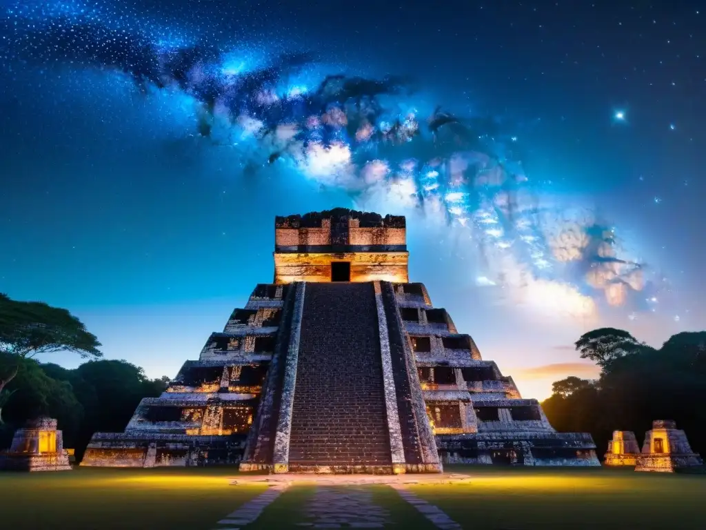 Vibrante cosmovisión astronómica de la civilización maya en un templo con estrellas y constelaciones