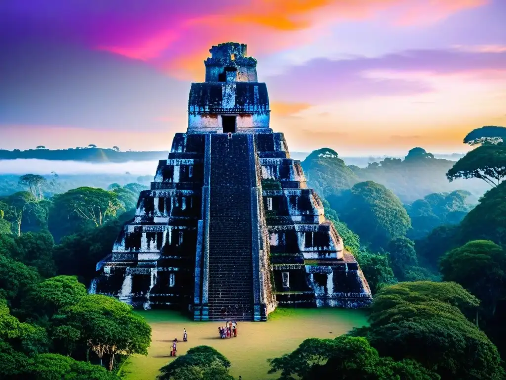 Vibrante atardecer en ruinas de Tikal, templos y pirámides mayas en la selva