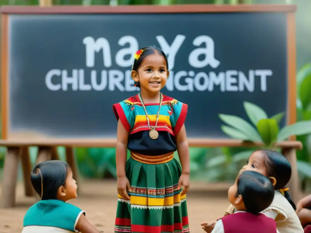 Un vibrante aula al aire libre con niños mayas en un intercambio cultural y educativo, guiados por un maestro bilingüe