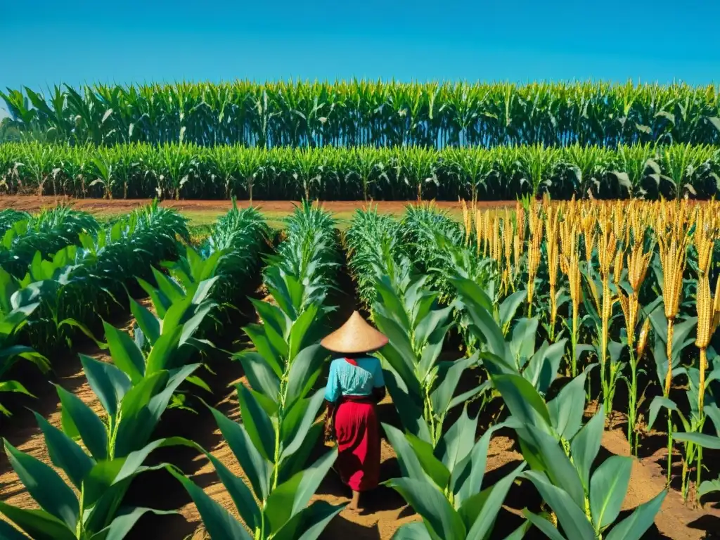 Vibrante campo de maíz maya con mazorcas doradas, sombras y agricultor tradicional