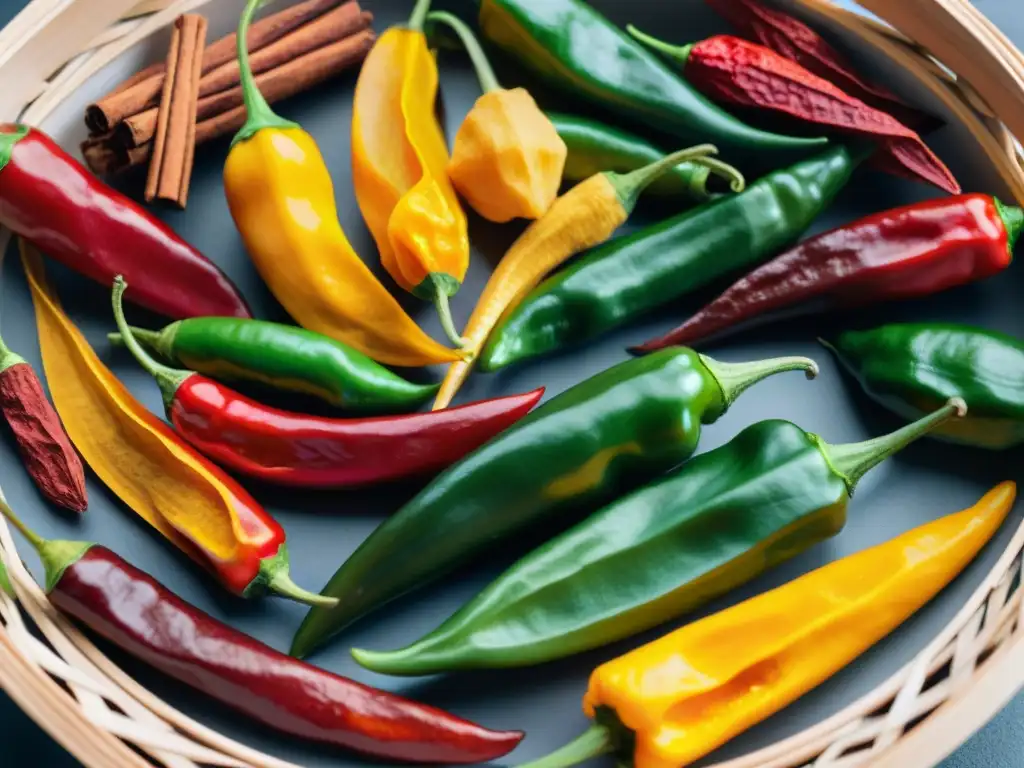 Una vibrante canasta de chiles y especias secas variadas, destacando la diversidad de colores y sabores de la agricultura maya