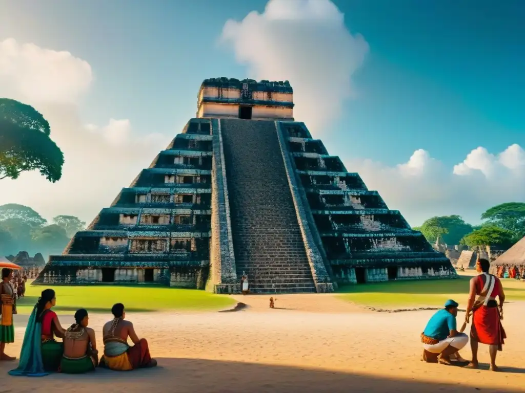 Vibrante centro comercial maya educativo, lleno de colores, frutas exóticas y cerámica, con pirámides de fondo