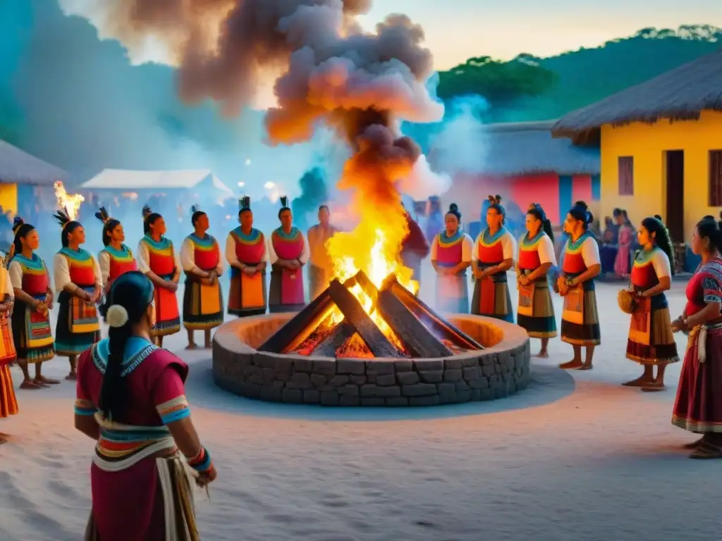 Vibrante ceremonia maya con comunidad reunida alrededor de fogata en plaza llena de tradición festiva y colorida