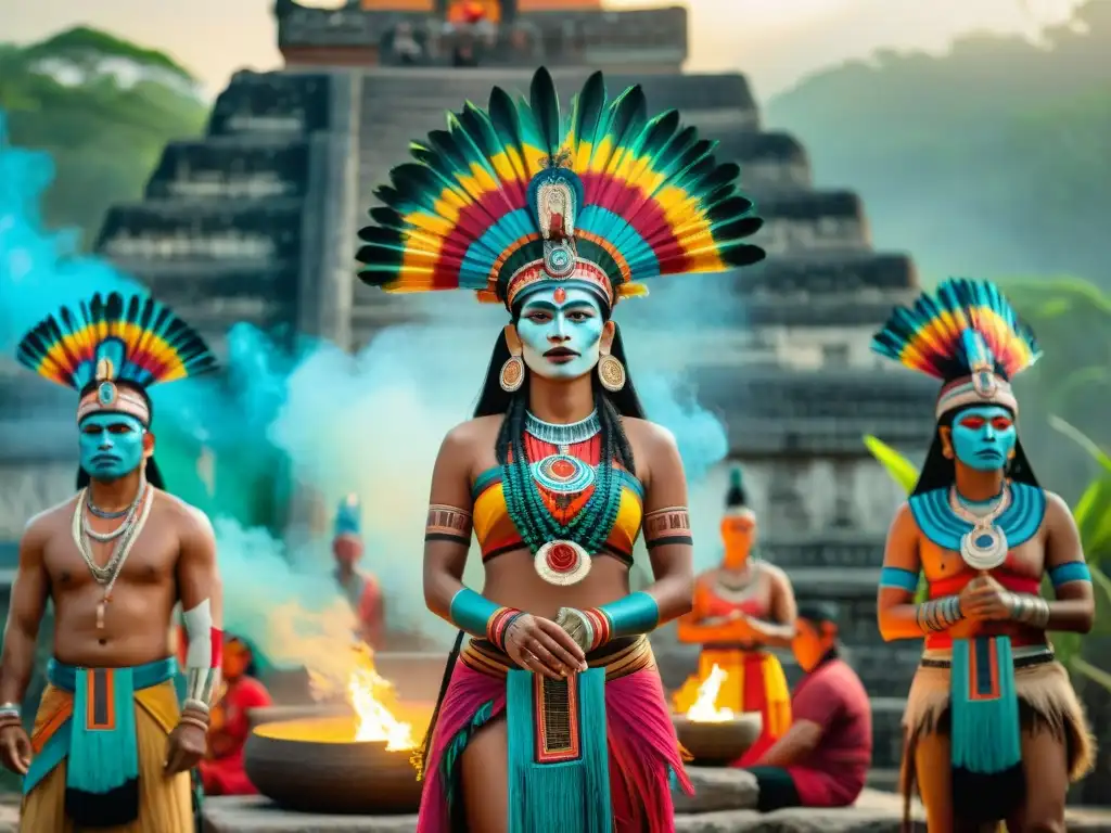 Una vibrante ceremonia maya contemporánea al amanecer, con atuendos tradicionales y rituales sagrados en un templo antiguo