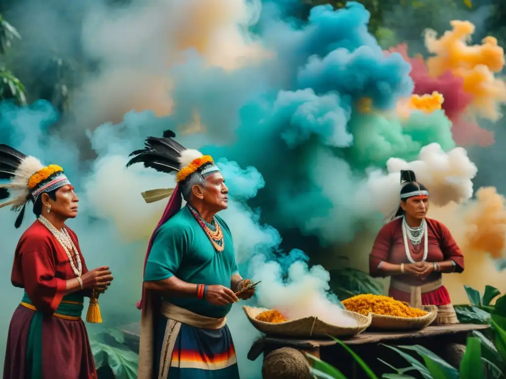 Vibrante ceremonia maya de otoño en la selva con ancianos, humo de copal y expresiones solemnes