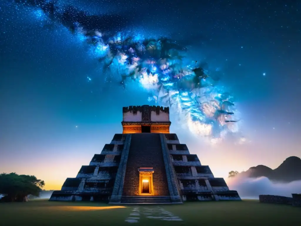 Vibrante cielo estrellado visto por astrónomos mayas en observatorio, conectando con Cosmología ancestral civilización maya