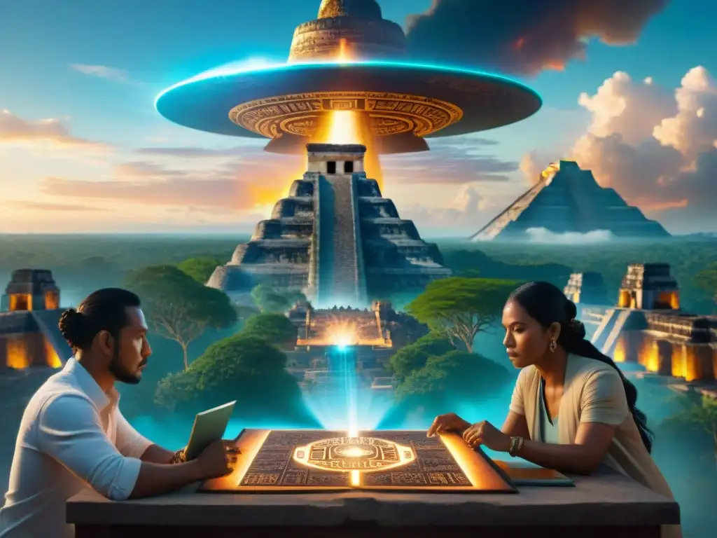 Vibrante ciudad futurista se entrelaza con ruinas mayas, destacando la fusión de prophecías mayas fin de tiempos