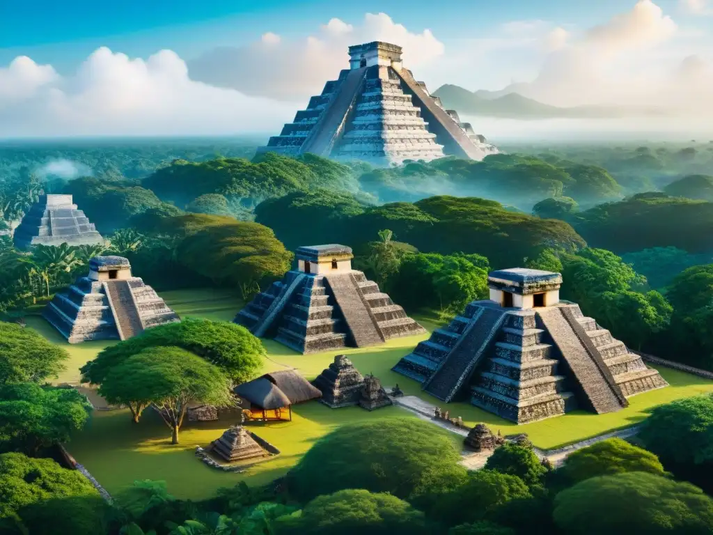 Vibrante ciudad Maya con mercado y templo, destacando la planificación urbana civilización maya