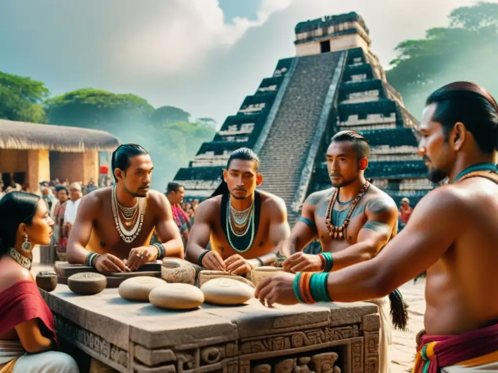 Vibrante comercio de ideas en la civilización maya, mercado bullicioso entre edificios de piedra y símbolos