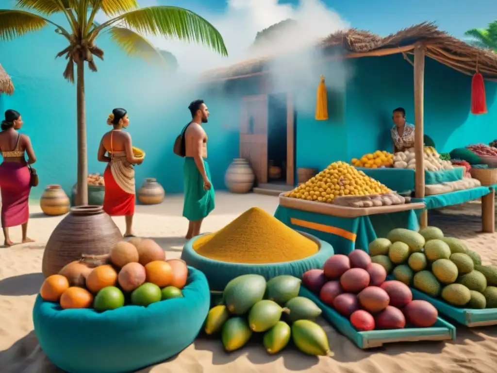 Vibrante comercio maya en el Caribe: mercado lleno de colores, tejidos, cerámica y frutas exóticas, con clientes y vendedores negociando bajo palmeras