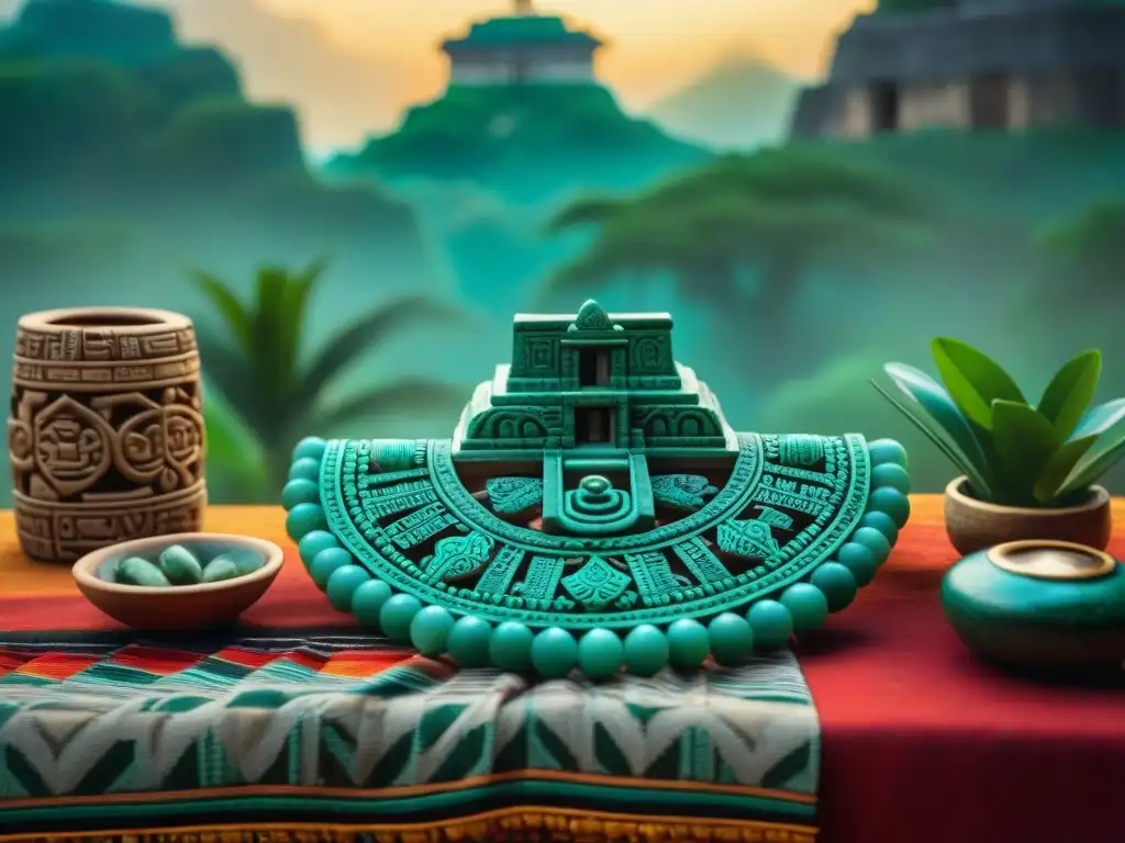 Vibrante comercio de jade en mayas, escena detallada de un bullicioso mercado maya con artesanías de jade