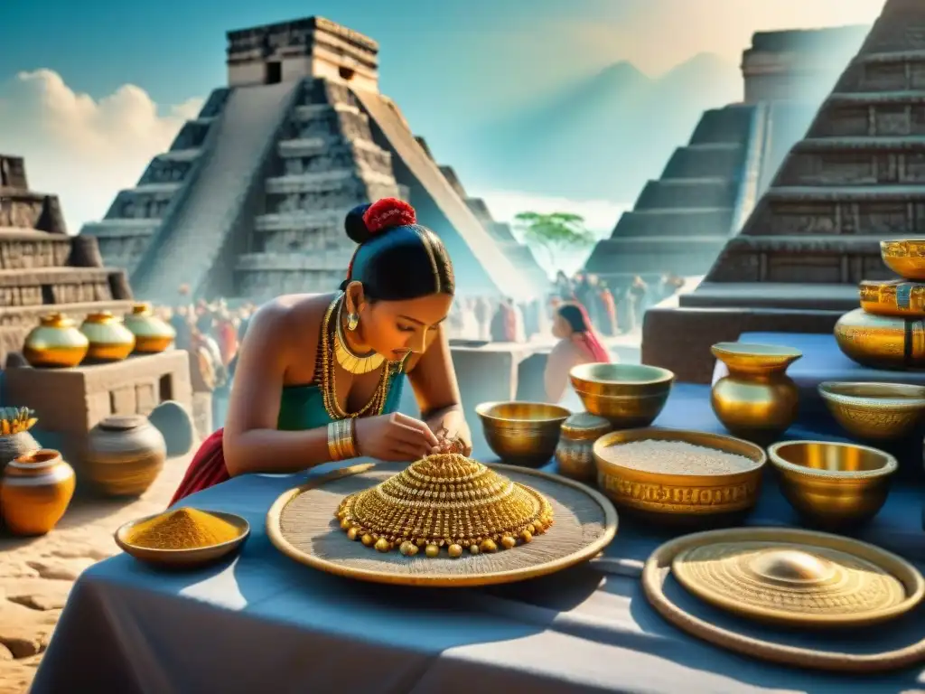 Vibrante comercio de metales preciosos en mercado maya, reflejando su riqueza cultural y económica