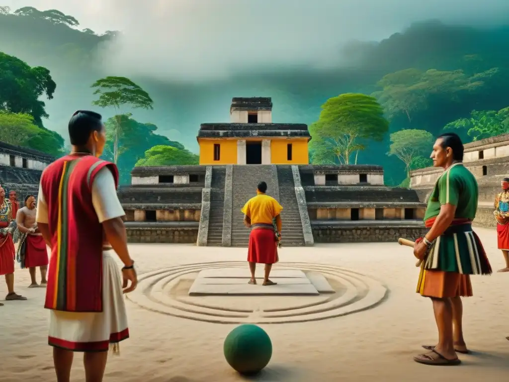 Una vibrante comunidad maya se reúne en un campo de juego de pelota, inmersa en un animado juego, reflejando la audiencia del juego de pelota