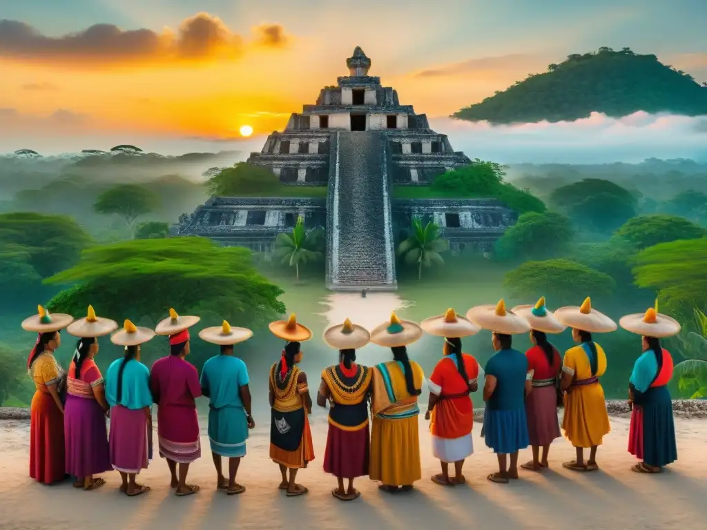 Una vibrante comunidad maya al amanecer, con trajes coloridos y ancestrales, compartiendo bajo un Ceiba