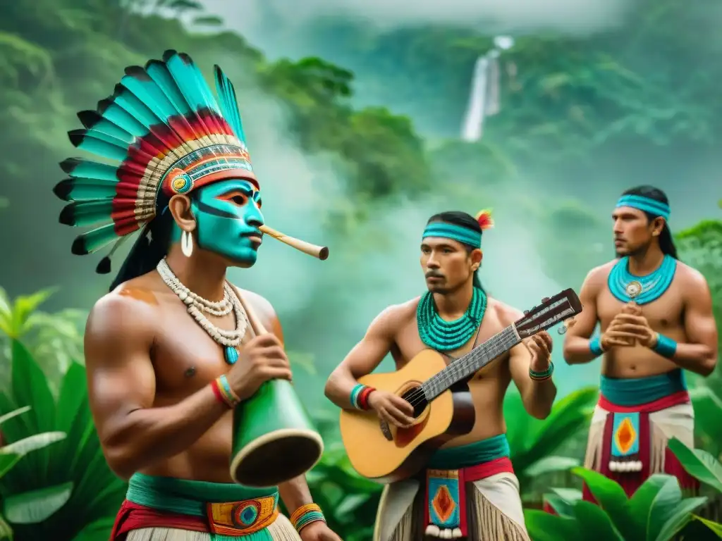 Un vibrante concierto de músicos mayas en la selva recreando música sonidos mundo maya