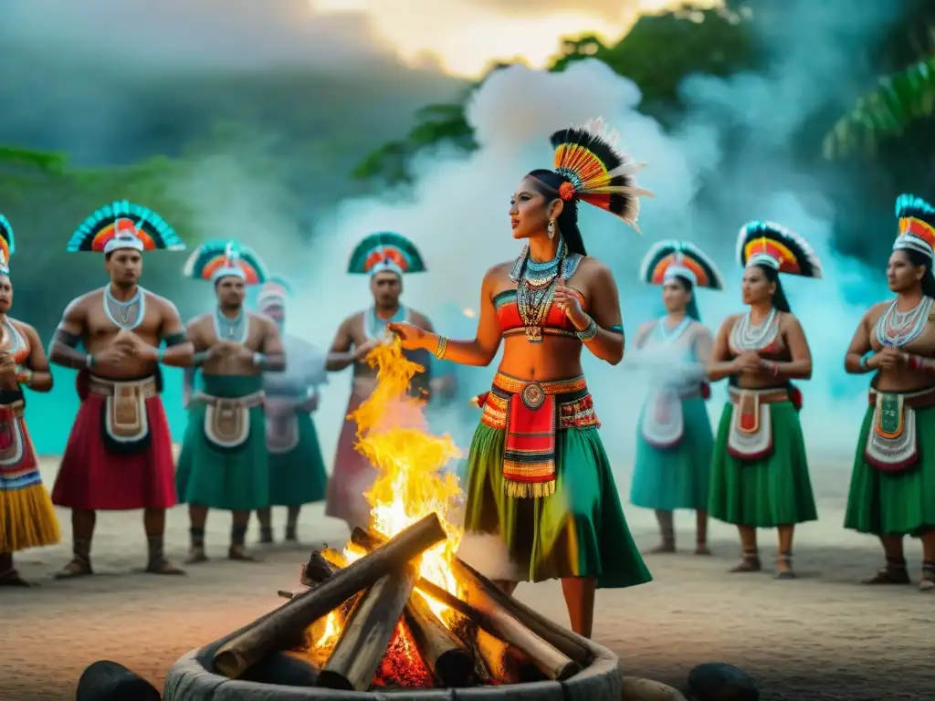 Vibrante danza ceremonial alrededor de fogata en festividad moderna con atuendos mayas