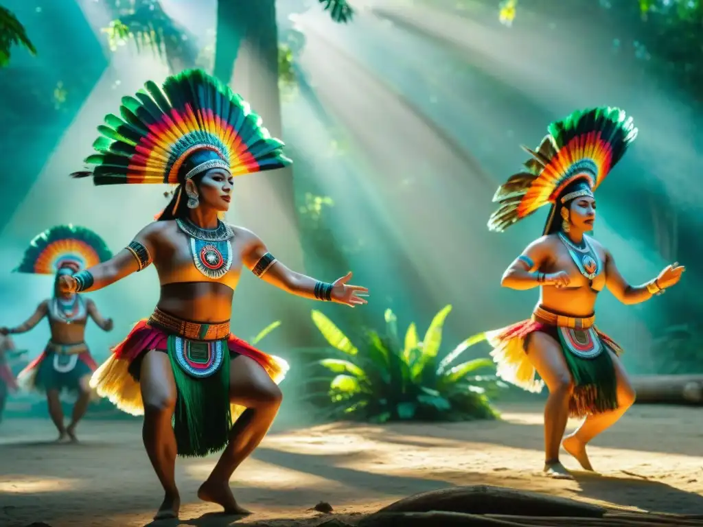 Vibrante danza maya en el bosque: trajes coloridos, movimientos gráciles y músicos ambientando