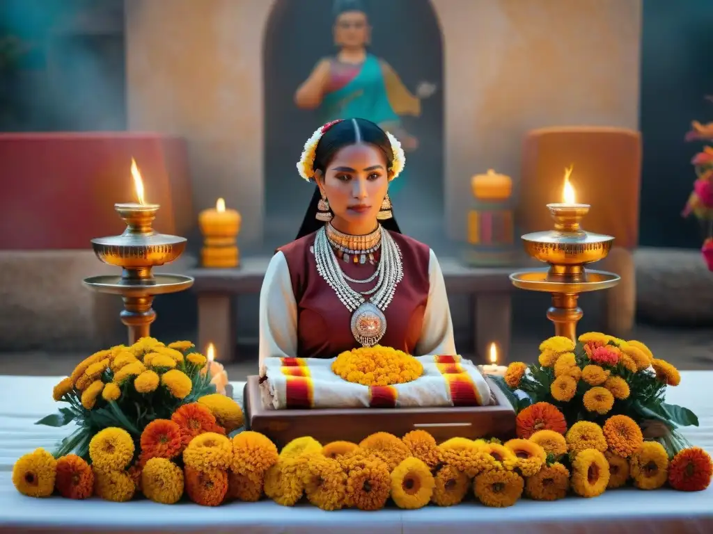 Vibrante celebración Día de los Muertos Maya con coloridos atuendos, altar decorado y ofrendas