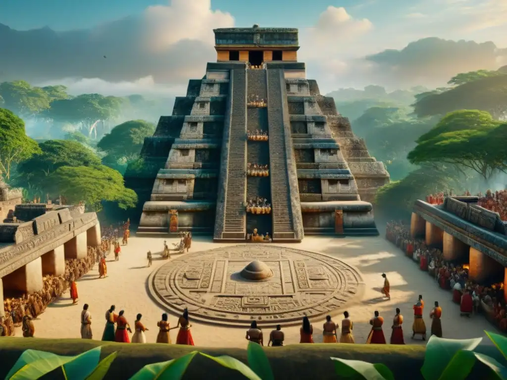 Juego de pelota maya: acción ancestral y esplendor cultural Vibrante recreación digital de un juego de pelota maya en realidad aumentada, con jugadores, espectadores y detalles arquitectónicos