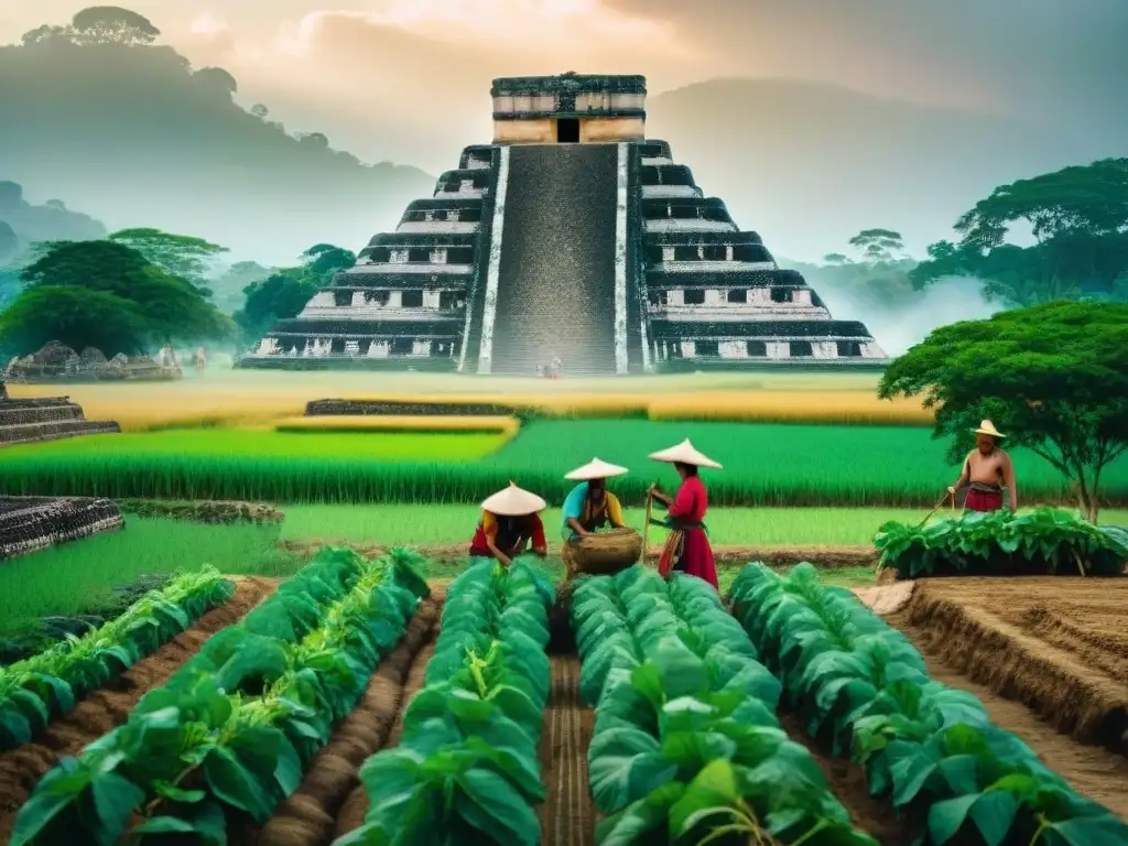 Vibrante escena de agricultores mayas plantando cosechas en un campo exuberante, con ruinas de templo maya al fondo