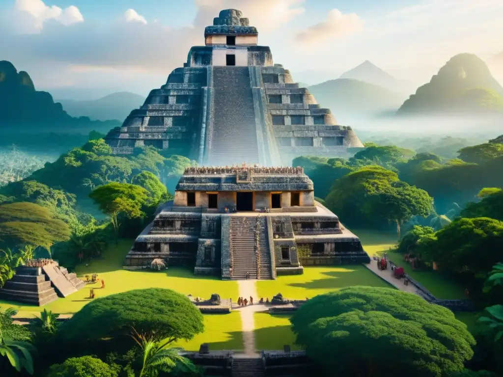 Vibrante escena de la antigua civilización maya, mostrando templos y mercados con influencia estructura social