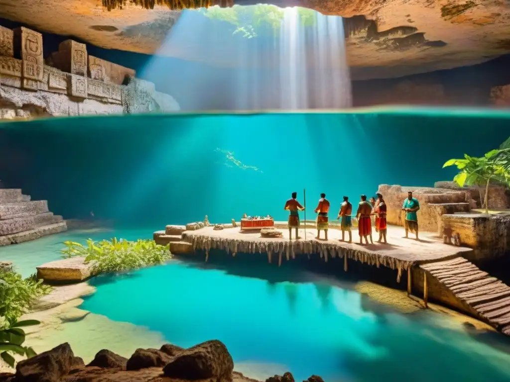 Vibrante escena de comercio maya alrededor de un cenote, destacando la importancia de cenotes en comercio maya