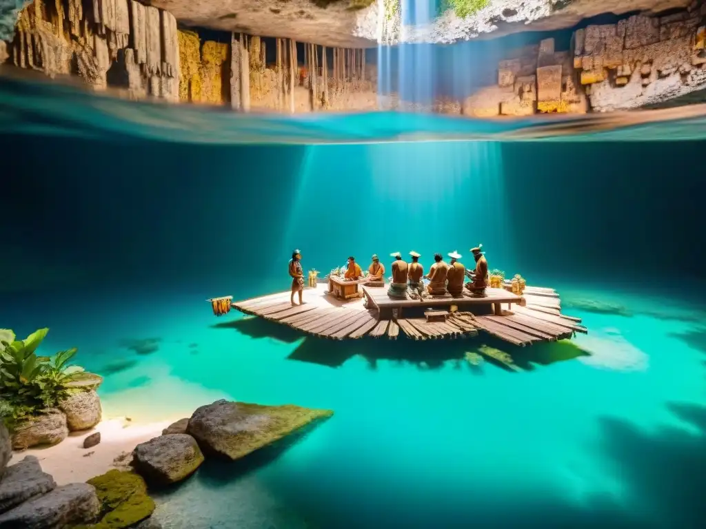 Vibrante escena de comercio maya en un cenote, resaltando la importancia de cenotes en comercio maya