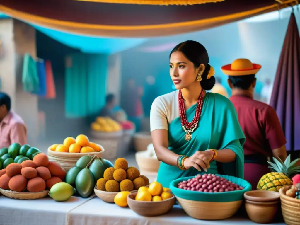 Vibrante escena del comercio maya: mercado lleno de colores, textiles, frutas, cerámica y piedras preciosas en un intercambio cultural único