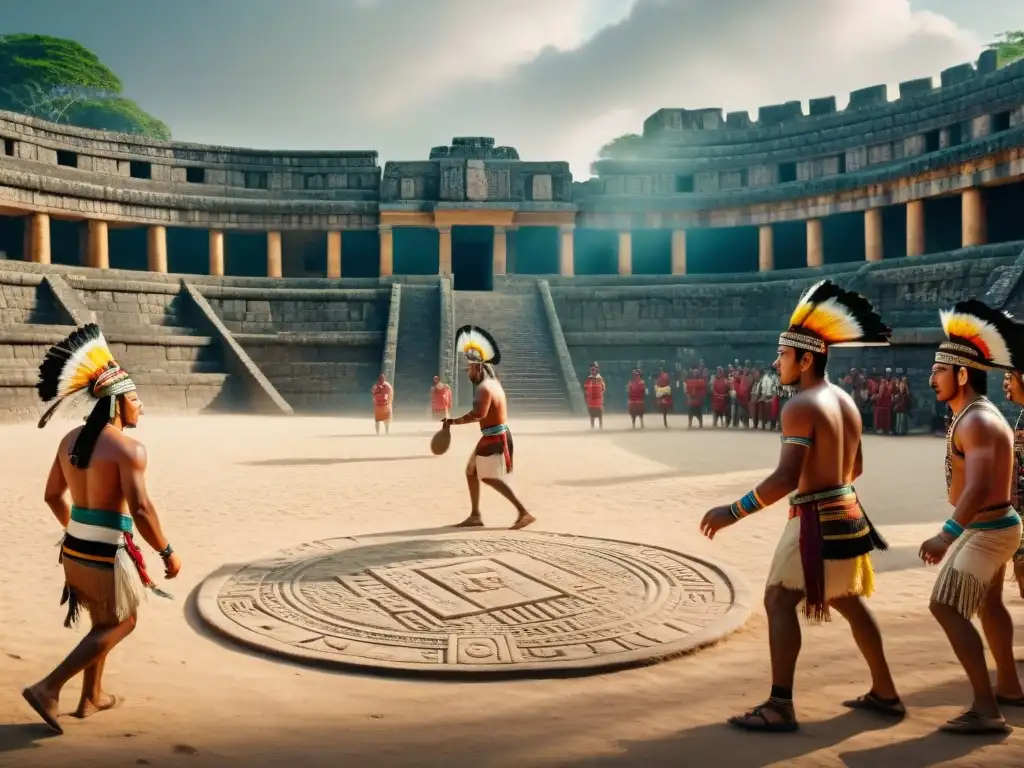 Una vibrante escena de la comunidad maya moderna jugando pelota en un campo de piedra, con significado espiritual juego de pelota