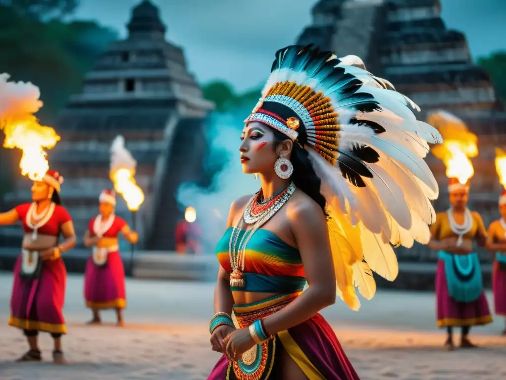 Vibrante escena de festividades mayas contemporáneas celebraciones con danzas tradicionales y coloridos trajes en templos antiguos iluminados