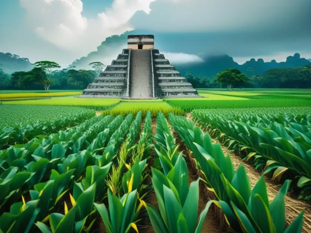 Vibrante escena maya: agricultores plantan maíz entre ruinas antiguas, destacando el desarrollo matemático agricultura maya