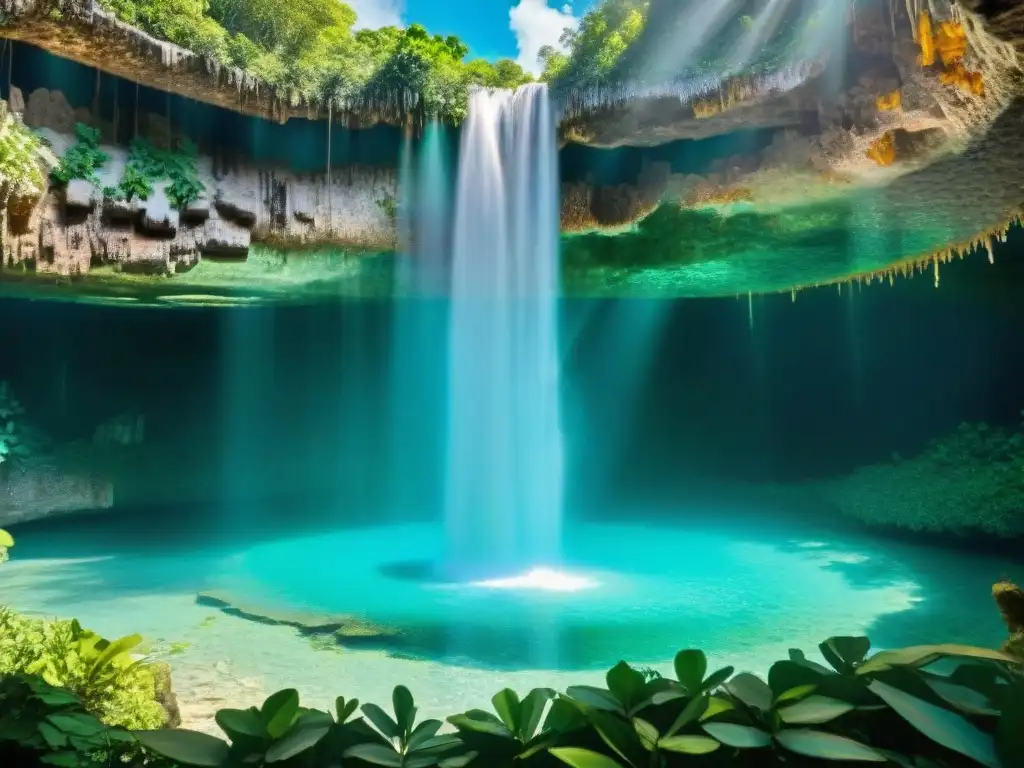 Vibrante escena maya en cenote, resaltando la importancia de cenotes en comercio maya
