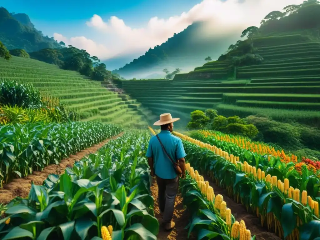 Vibrante escena maya con desarrollo matemático en agricultura: campos de maíz terrazados y campesinos bajo el sol mesoamericano