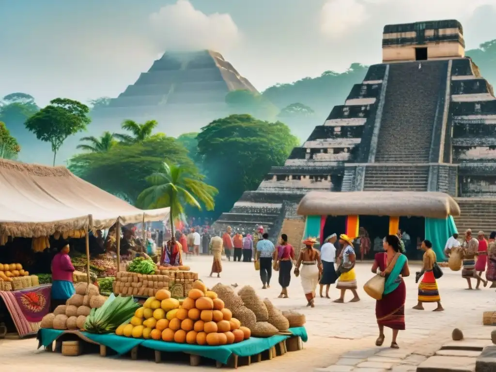 Una vibrante escena de mercado en una ciudad Maya, con textiles coloridos y frutas exóticas