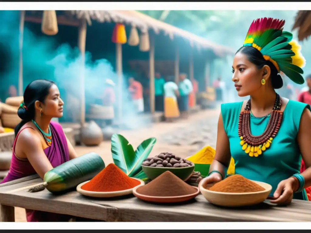 Vibrante escena de mercado en ciudad Maya con intercambio de cacao y plumas de quetzal, destacando la economía del mundo maya