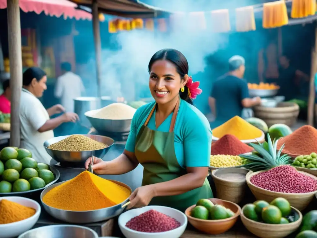 Una vibrante escena de mercado en la Península de Yucatán, fusionando influencia caribeña en cocina maya