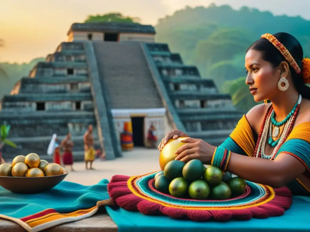 Una vibrante escena de mercado maya con tejidos, alfarería, frutas exóticas y locales entretenidos en el trueque