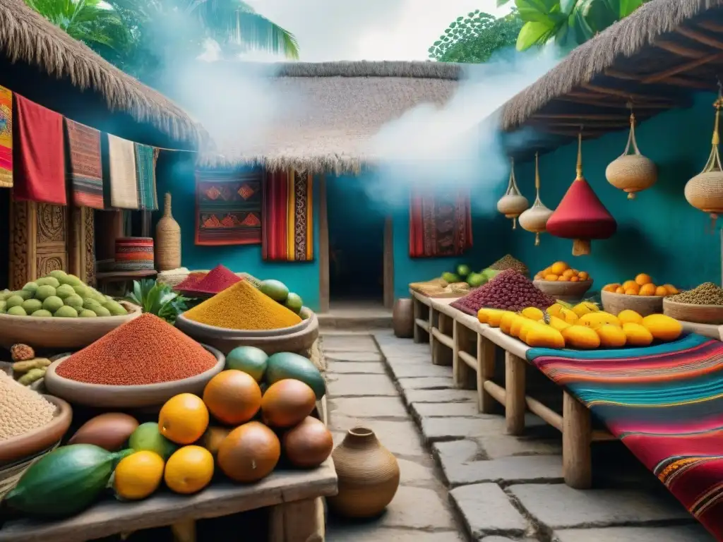 Vibrante escena en mercado Maya: sabores, colores y comercio antiguo