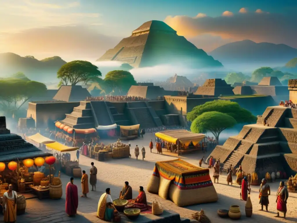 Vibrante escena de mercado en Mesoamérica con comerciantes mayas y Teotihuacán en Rutas comerciales mayas Teotihuacán